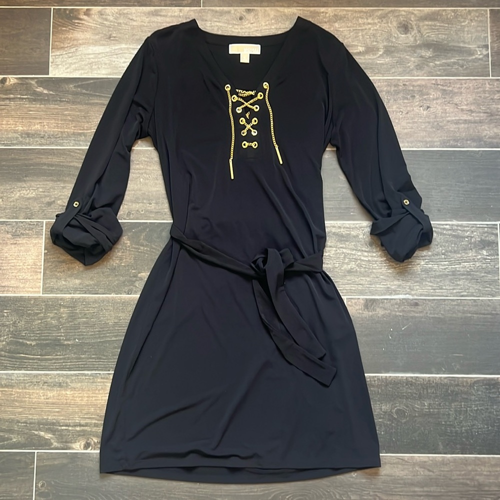 Michael by Michael Kors Black Dress with Gold Chain “Lace-Up” Top and Tie-Waist